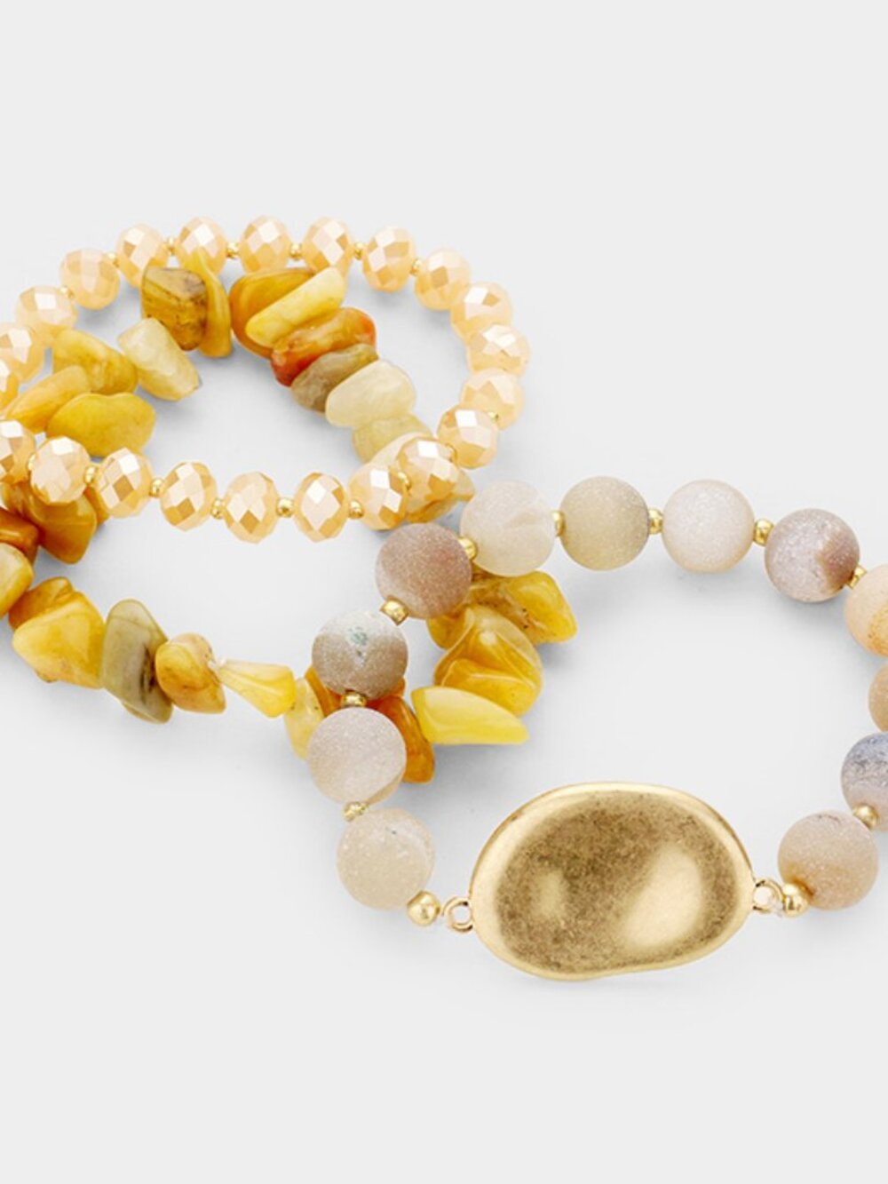 3-Piece Natural Yellow Crushed Stone Stretch Bracelet Set with Gold Disc - Boho